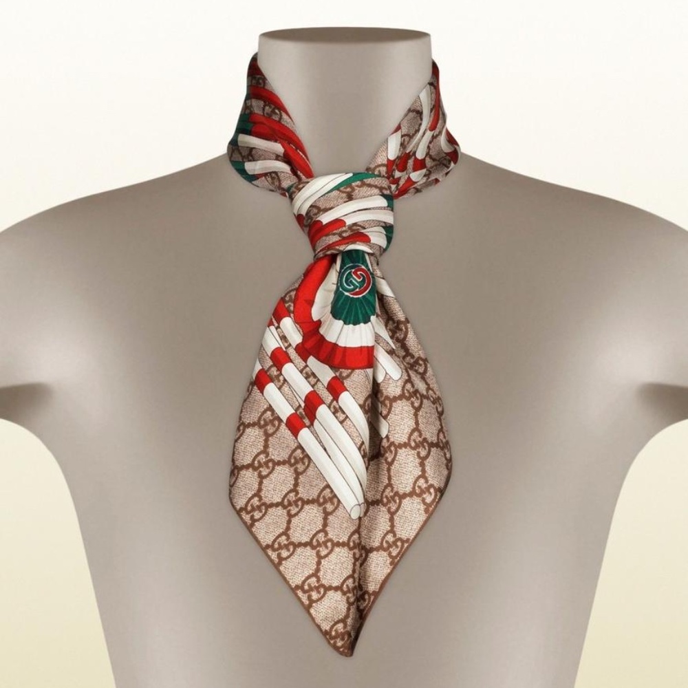 Gucci Scarf Logo GG Print Club WEB Beige Brown Silk Wrap